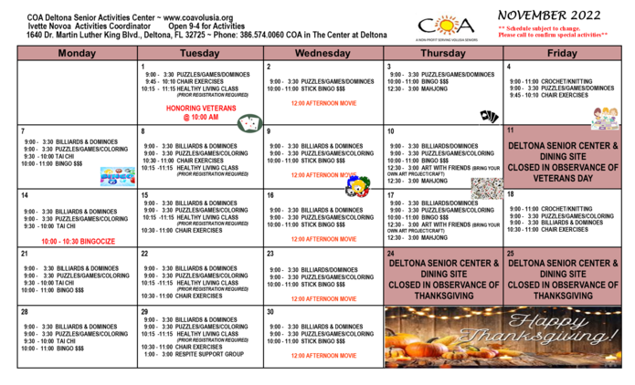 Deltona November 2022 Activities Calendar