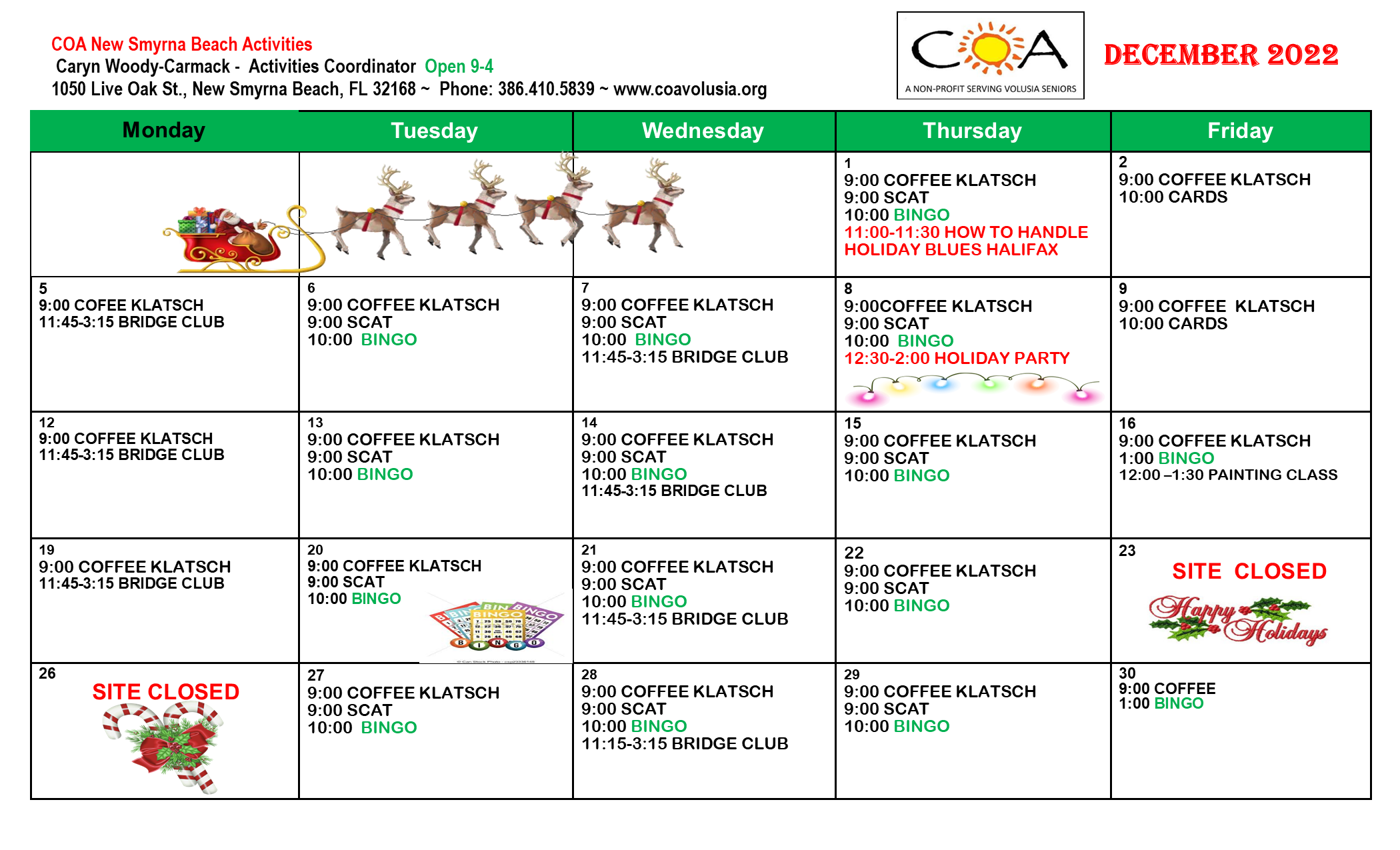 NSB December 2022 Activities Calendar