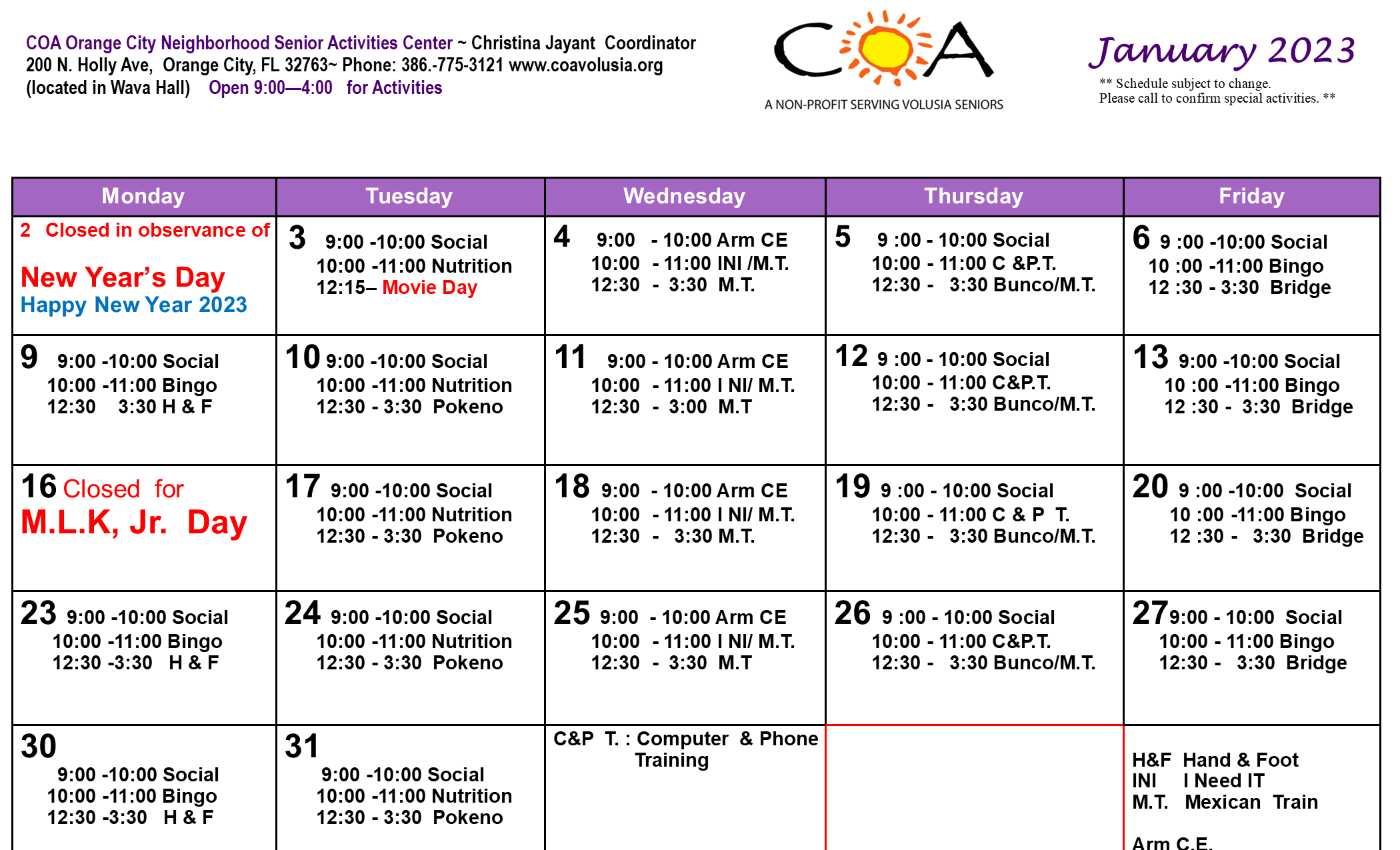 OC SC January 2023 Senior Activities Calendar
