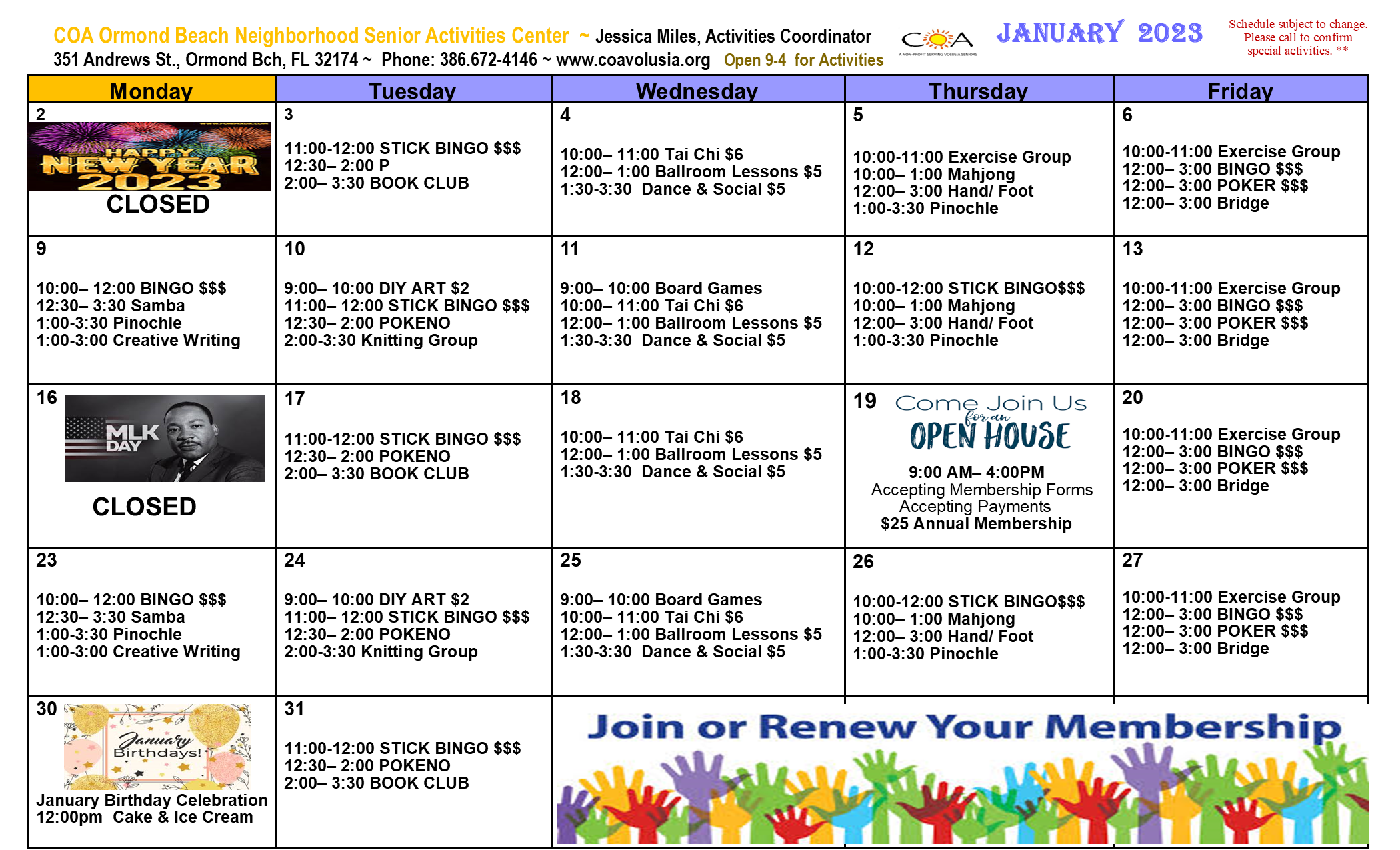 OBSC January 2023 Activities Calendar
