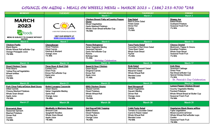 MOW March 2023 Menu