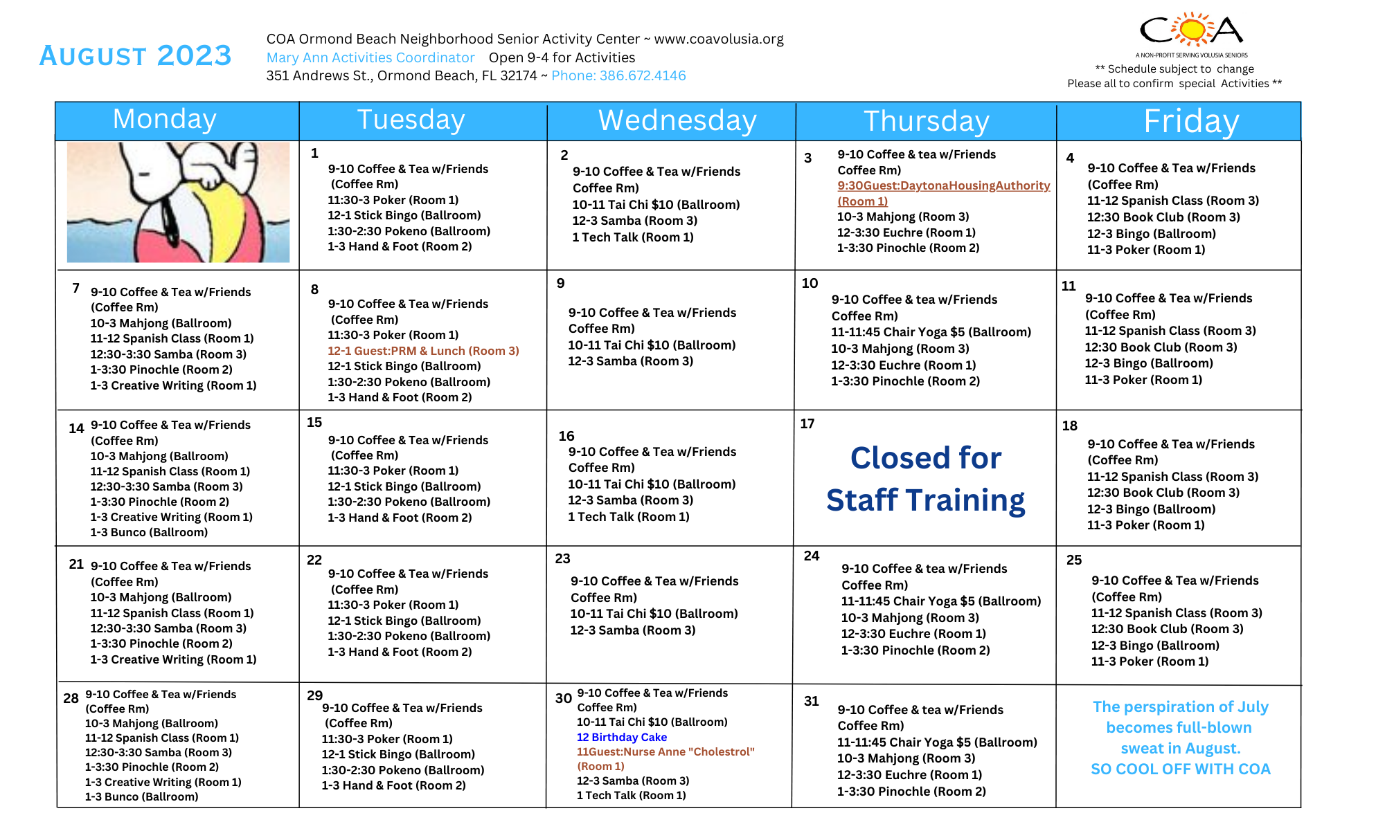 COA Ormond Beach Senior Center & Neighborhood Dining Site Calendar