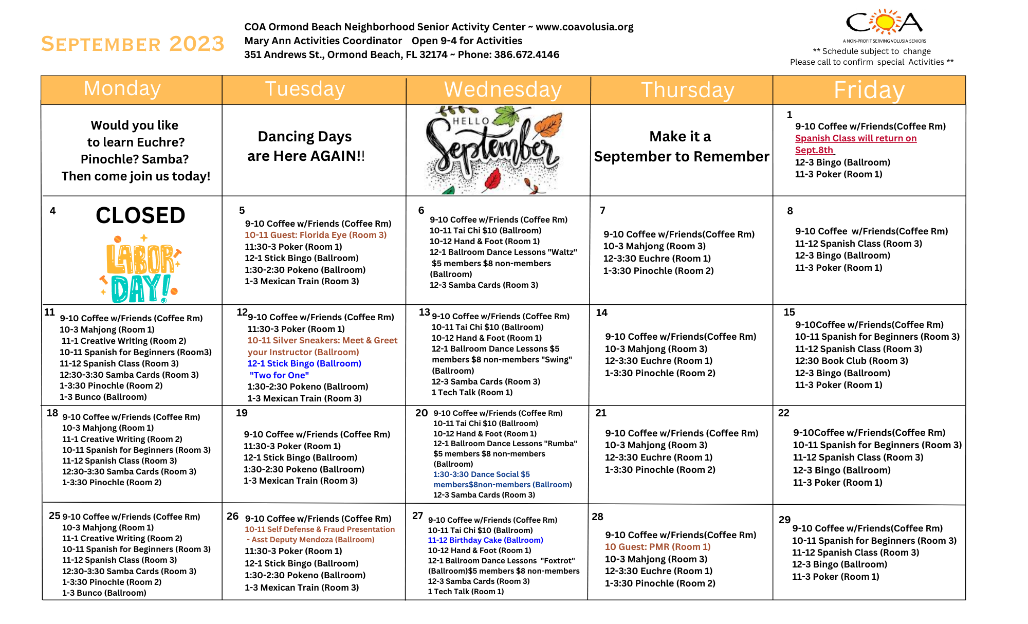 COA Ormond Beach Senior Center & Neighborhood Dining Site Calendar