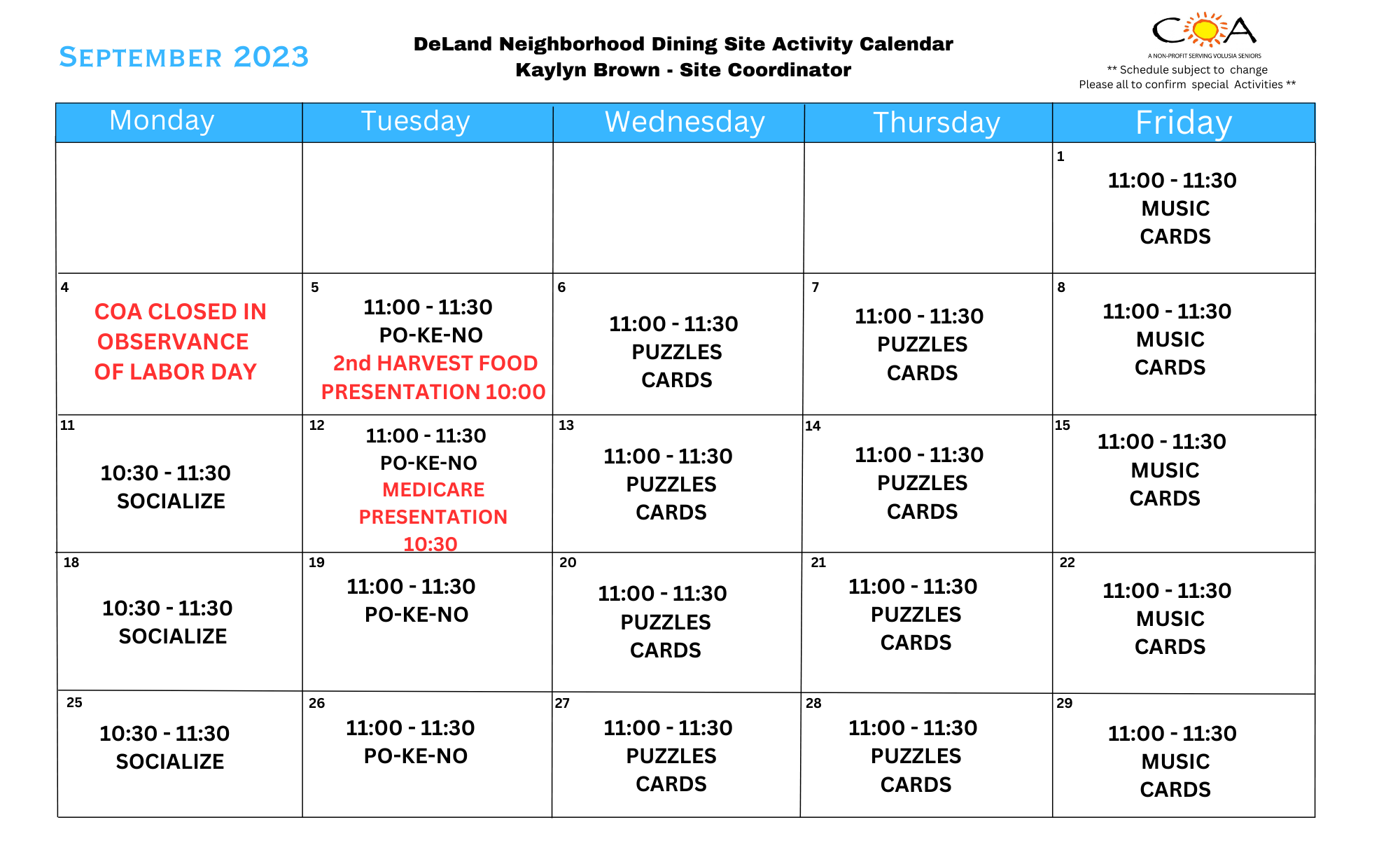 DeLand Dining Site Activities Calendar
