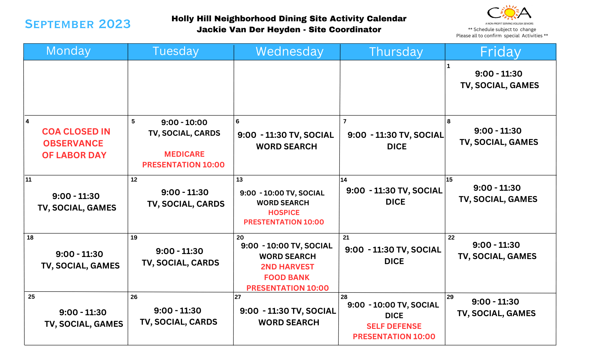 Holly Hill Dining Site Activities Calendar