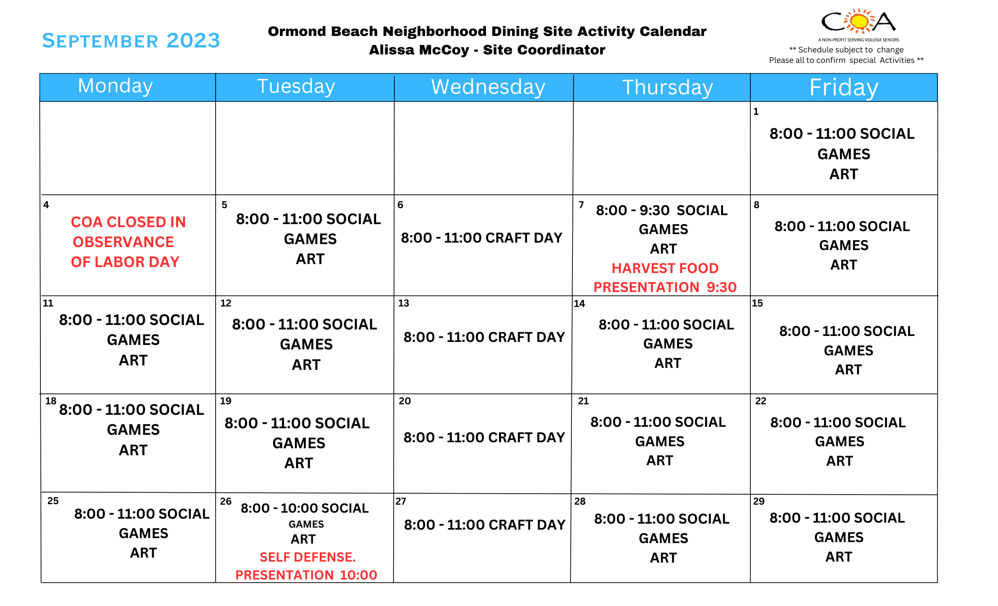 COA Ormond Beach Senior Center & Neighborhood Dining Site Calendar