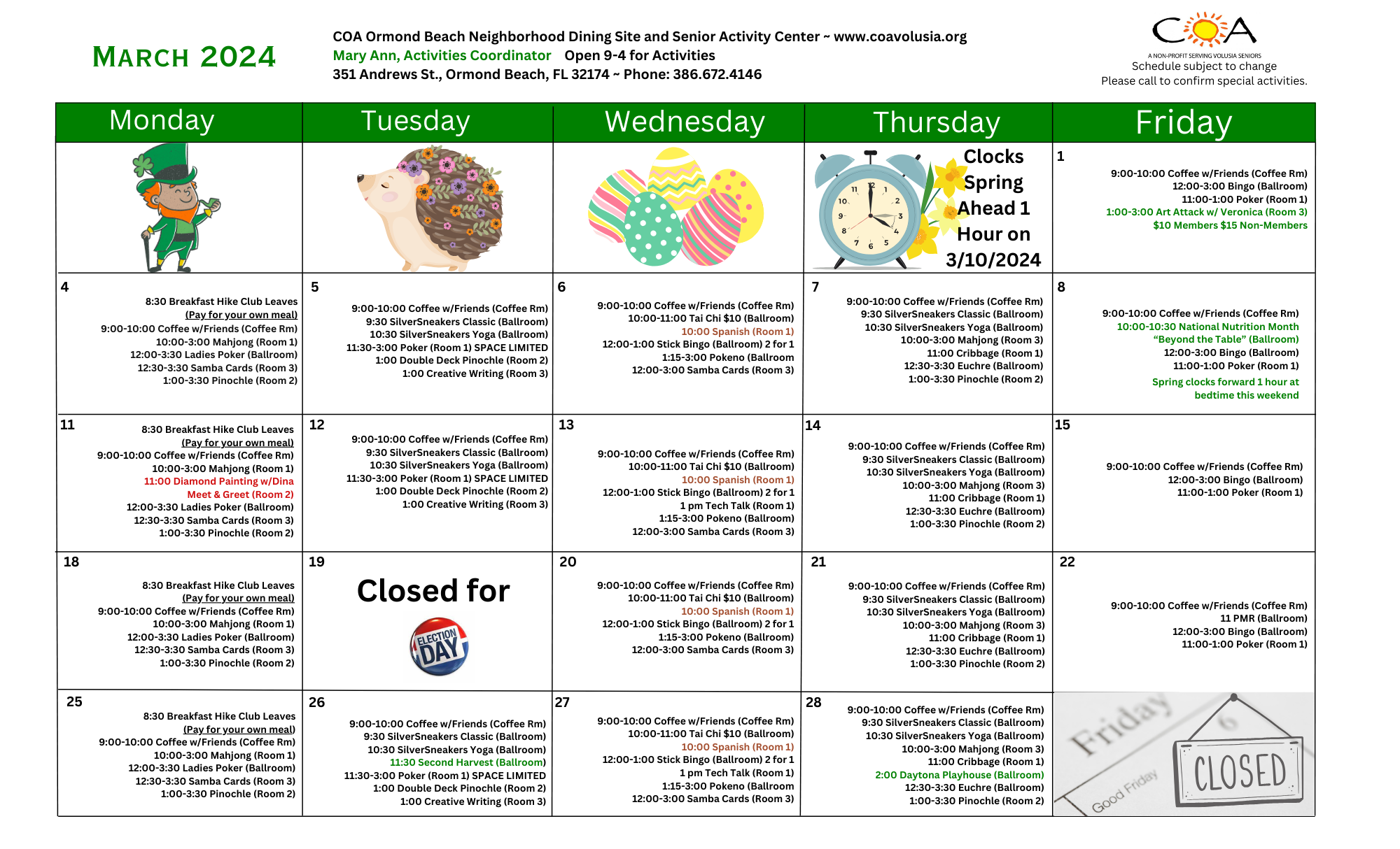 COA Ormond Beach Senior Center & Neighborhood Dining Site Calendar