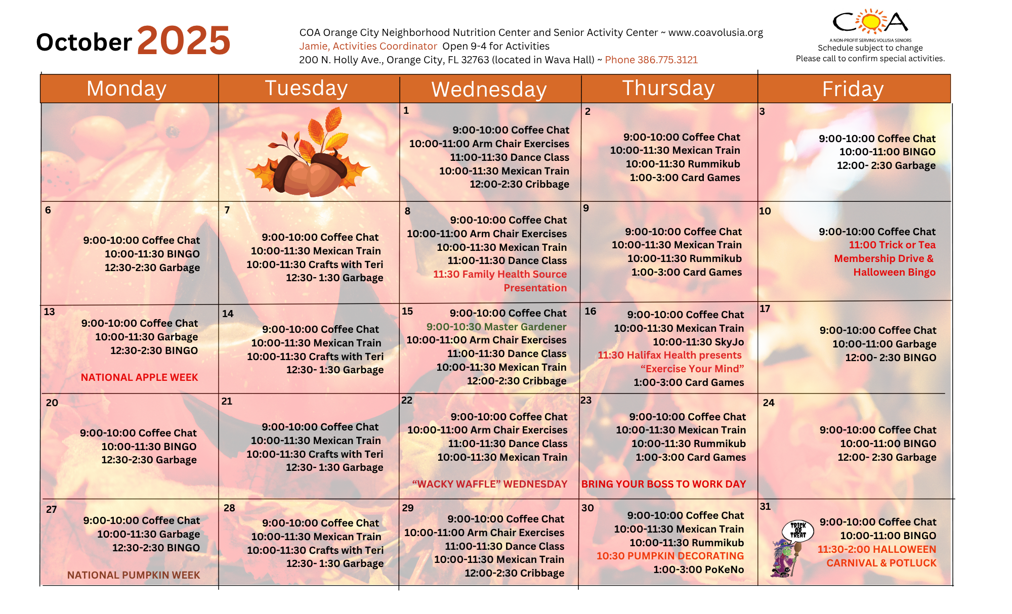 Orange City October Activity Calendar