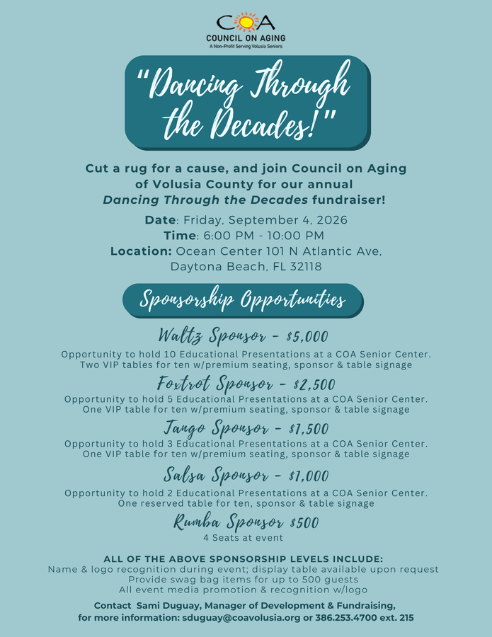 Cut a rug for a cause, and join Council on Aging of Volusia County for our annual Dancing Through the Decades fundraiser!